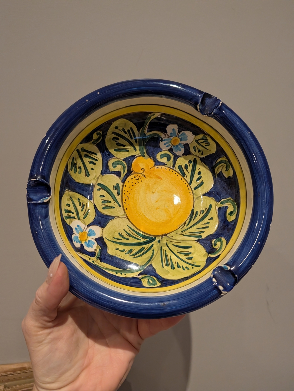 Hand-Painted Blue and Yellow Ceramic Bowl with Lemon Motif